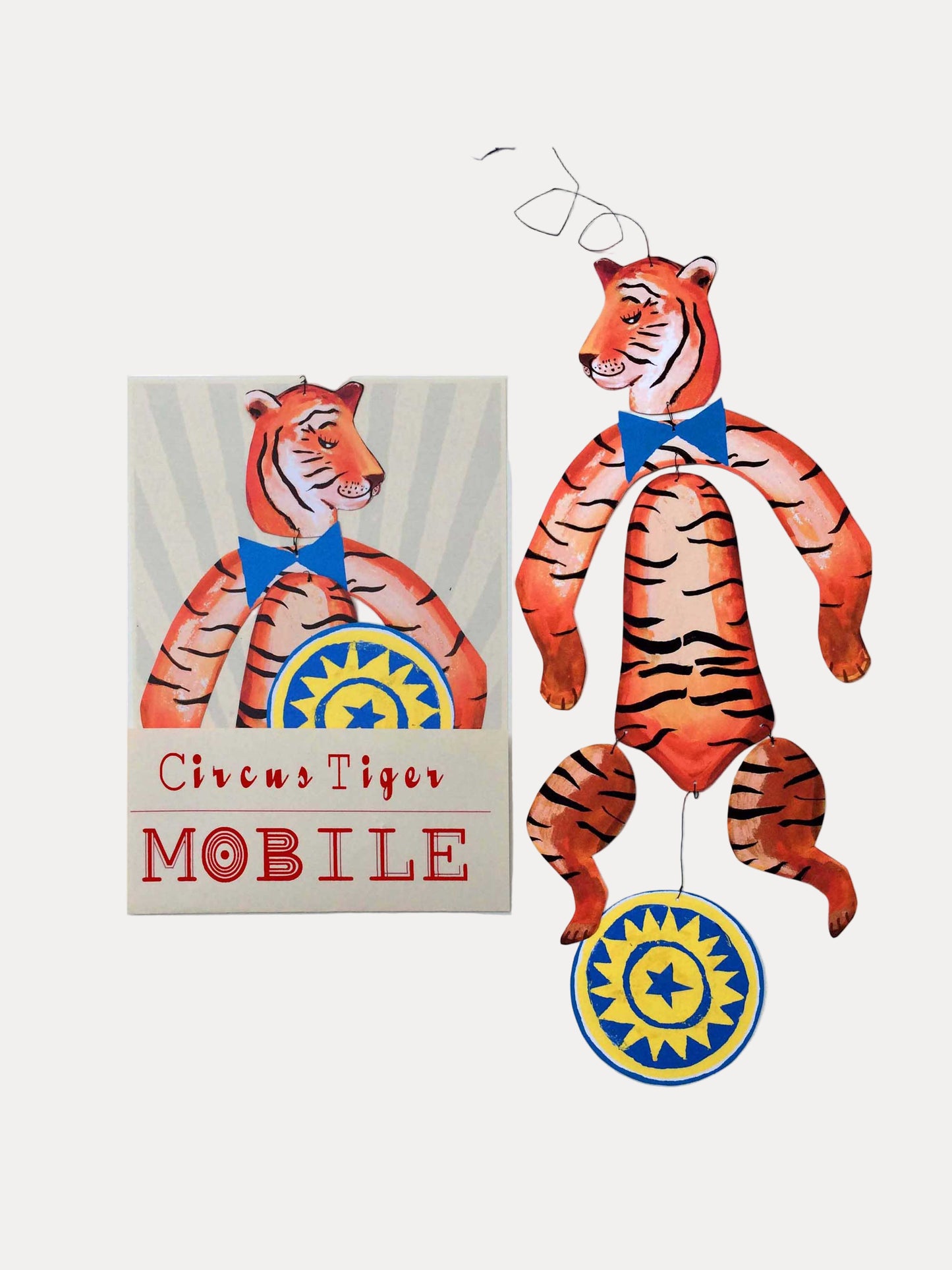 Circus tiger mobile with packaging on a white background