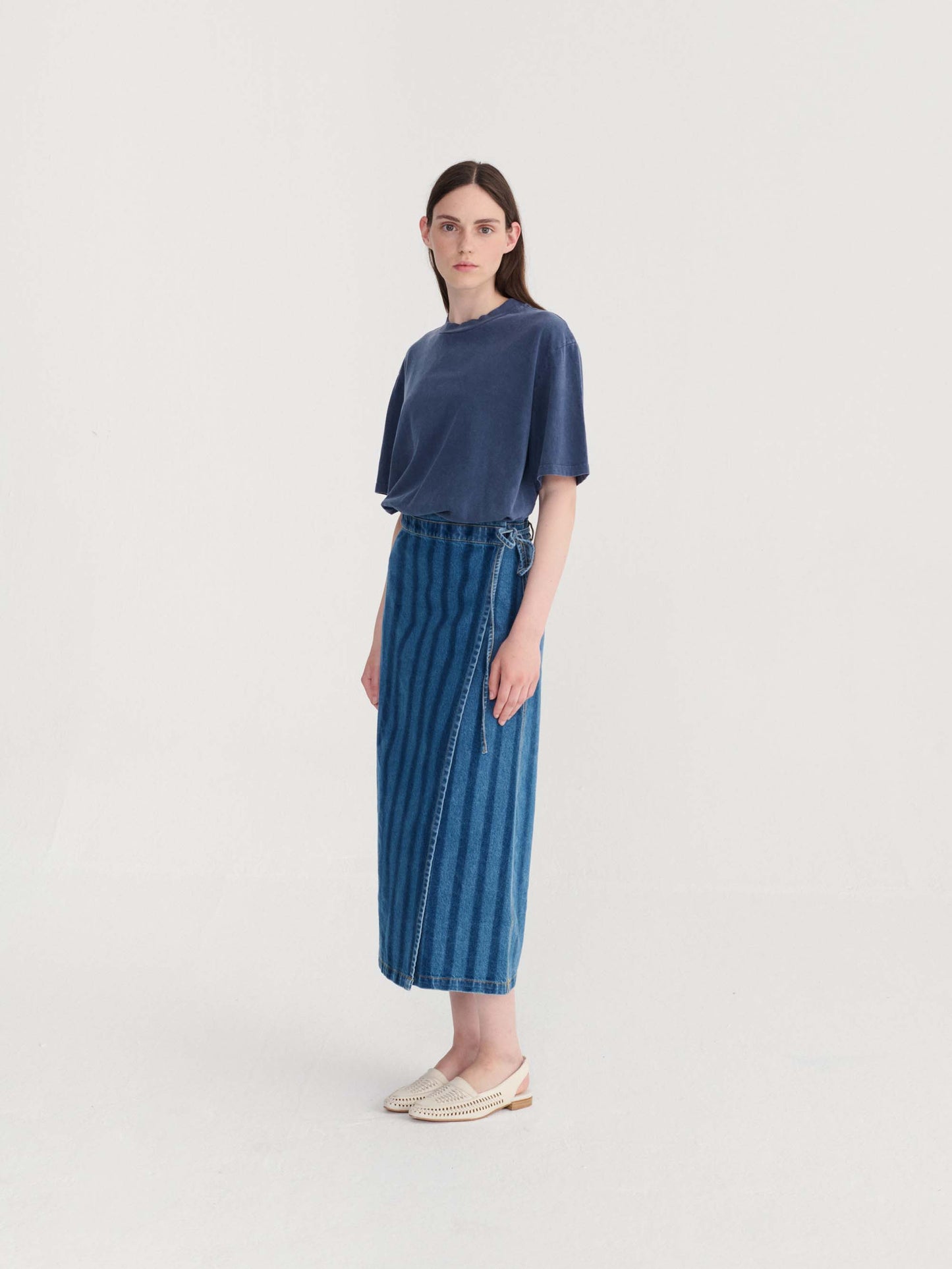 Striped Denim Wrap Skirt