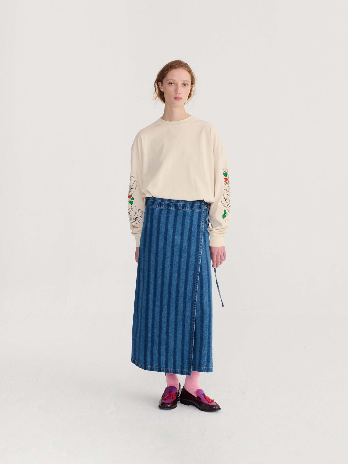 Striped Denim Wrap Skirt