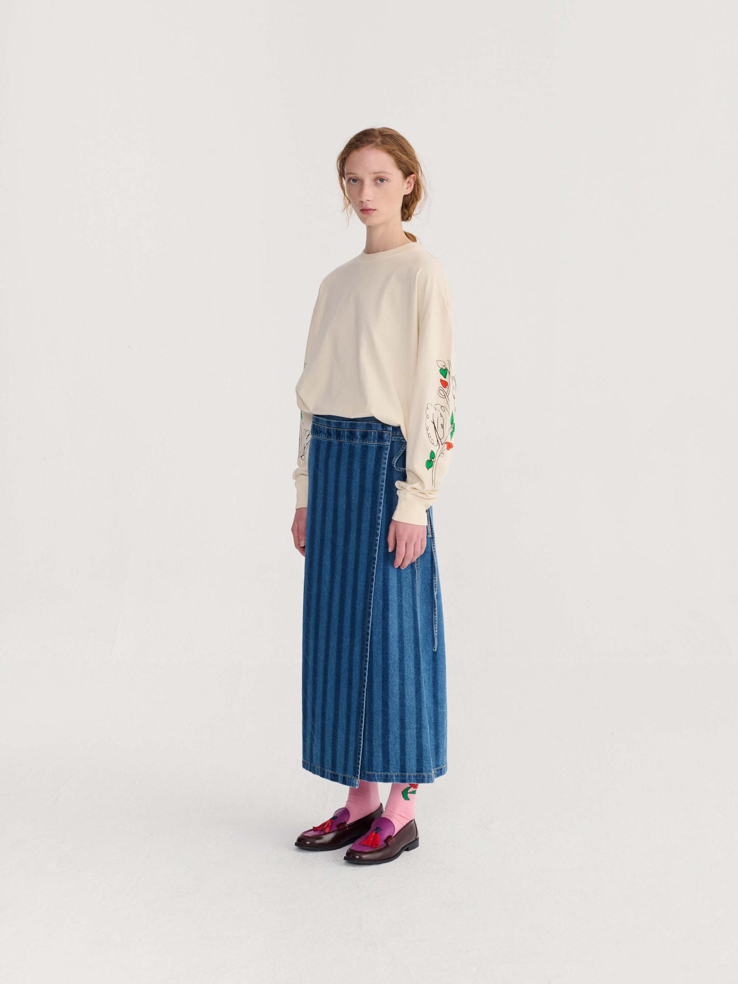 Striped Denim Wrap Skirt
