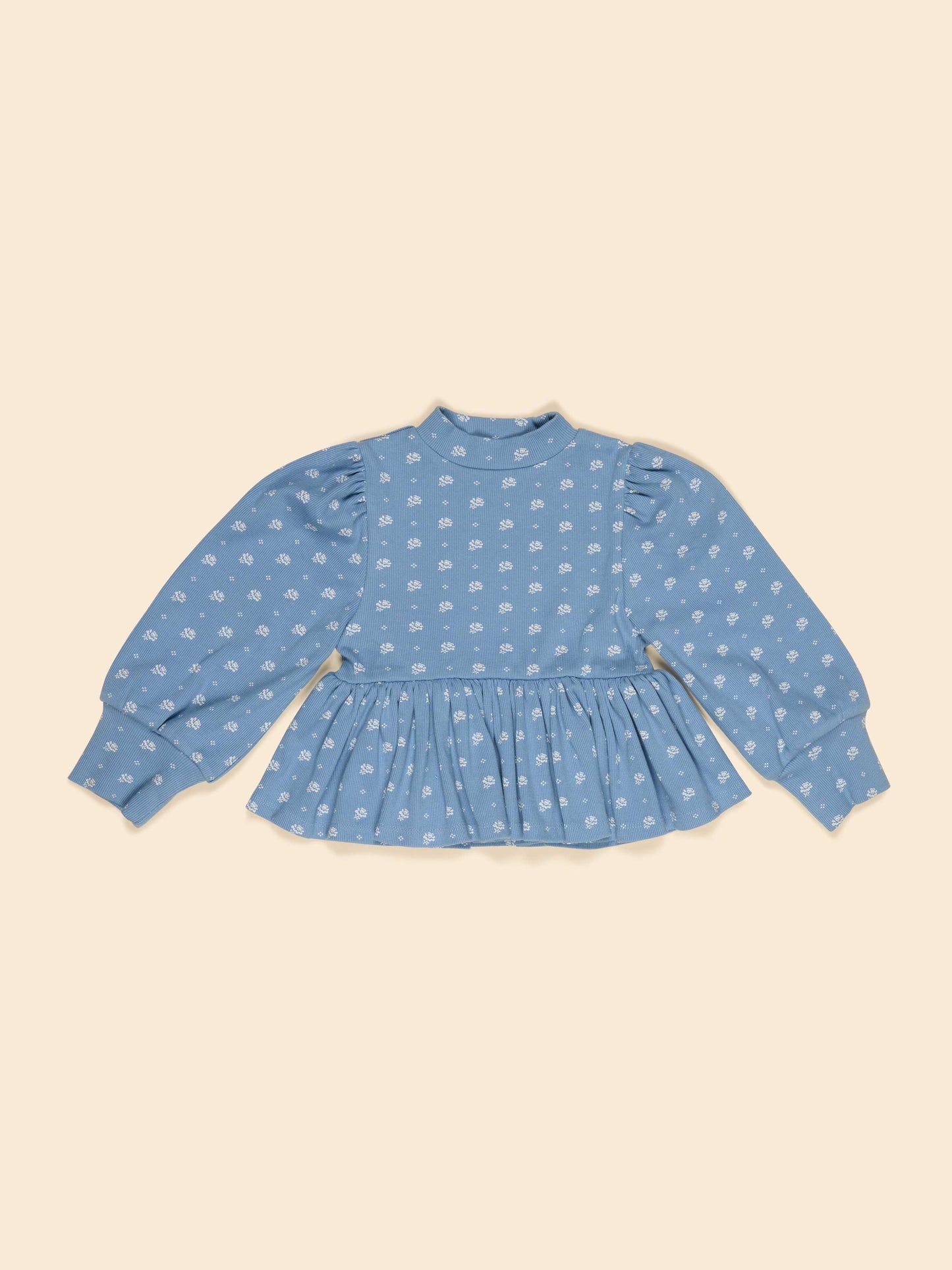 Mya Peplum Jersey Top - Mountain Calico Blue