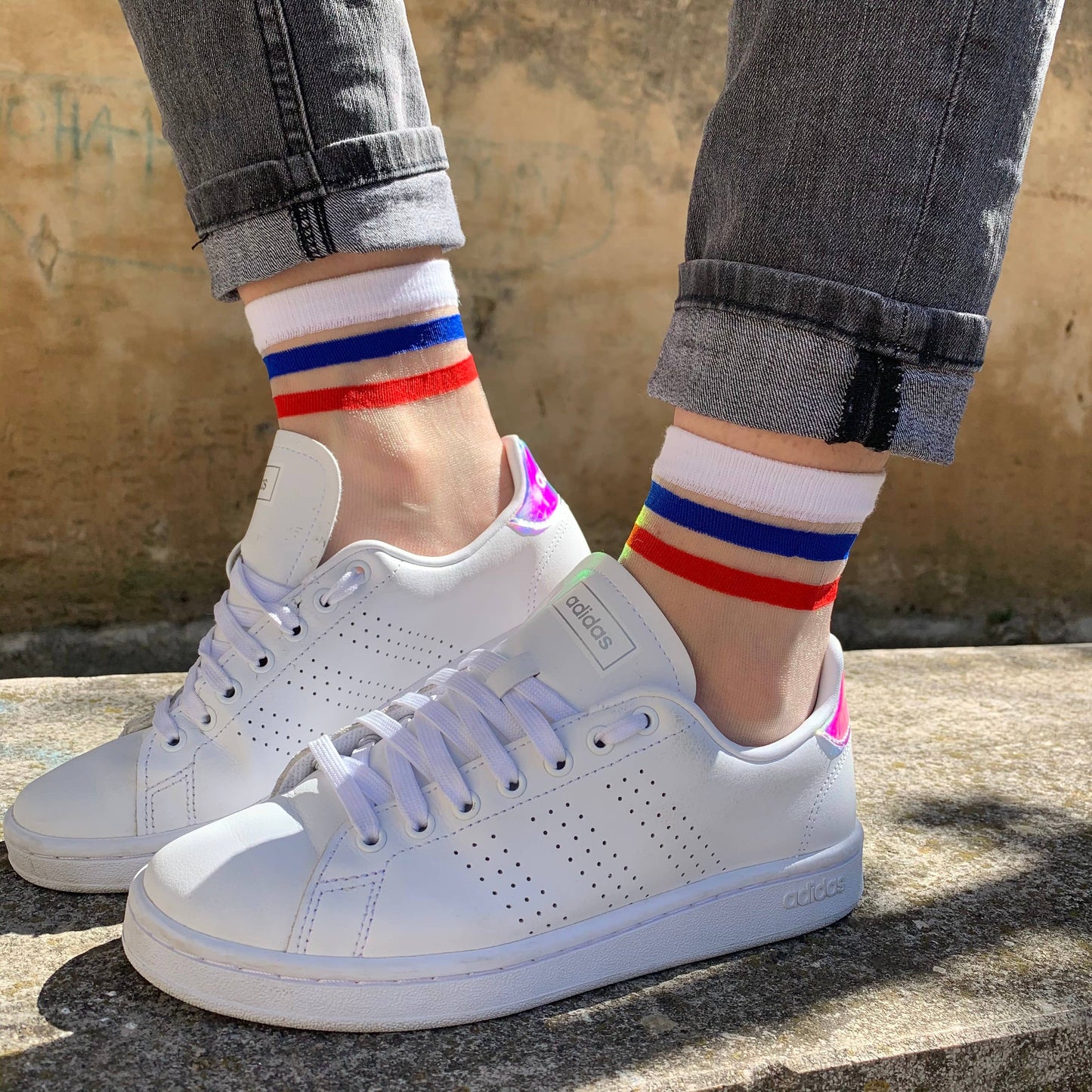 Mimi Blue, White & Red Sheer Socks