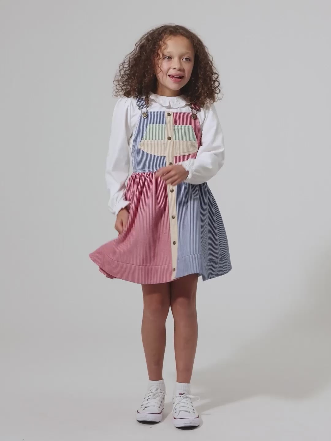 Load and play video in Gallery viewer, Patchwork Stripe Heidi Pinafore Dress
